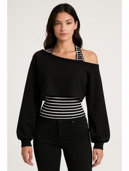 Cider - Two Piece Terry Asymmetrical Neck Crop Sweatshirt With Striped Tank Top
