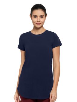 Amante - Essential Solid Round Neck Short Sleeve Long Length T-Shirt-Blue