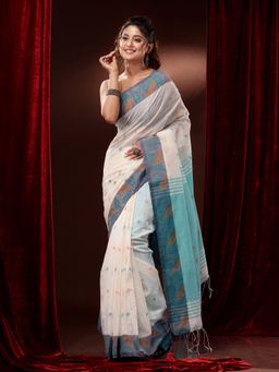 CHARUKRITI - Off White Cotton Handspun Foliage Designs Saree with Unstitched Blouse