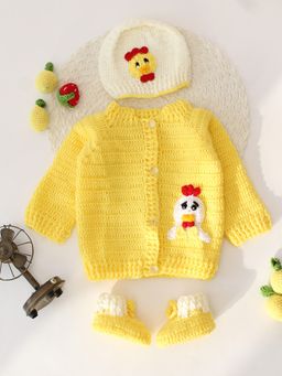 Woonie - Textured Baby Yellow Cardigan with Cap and Booties