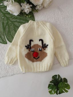 Woonie - Cream Reindeer Designed Intarsia Sweater