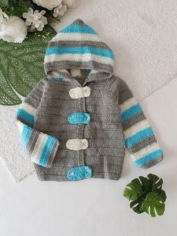 Woonie - Grey Hooded Striped Front Openable Cardigan