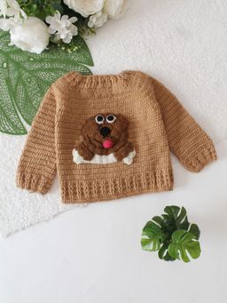 Woonie - Brown Dog Applique Crochet Pullover Sweater