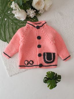 Woonie - Peach Garter Stitch Pocket Detailed Cardigan