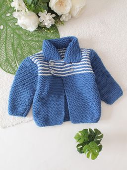 Woonie - Blue Collar Detailed Front Openable Cardigan