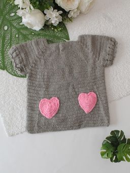 Woonie - Grey Heart Applique Short Sleeve Sweater