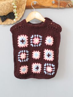Woonie - Brown Granny Square Side Tie Knot Sweater