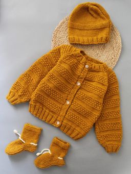 Woonie - Mustard Handmade Full Raglan Sleeves Knitted Cardigan With Cap and Booties