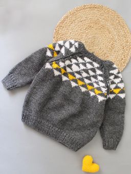 Woonie - Grey Handmade Full Raglan Sleeves Knitted Geometric Design Sweater
