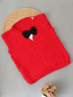 Woonie - Red Handmade Sleeveless Crochet Bow Detailing Sweater