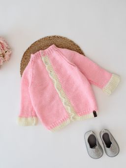 Woonie - Pink Hand Knitted Front Open Scalloped Border Cardigan