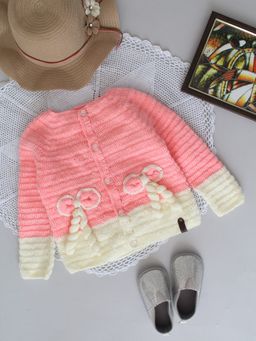 Woonie - Peach Handmade Crochet Bow Design Front Open Cardigan