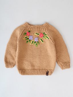 Woonie - Beige Floral Hand Embroidery Kids Sweater