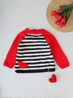 Woonie - Black Handknitted Striped Heart Applique Sweater