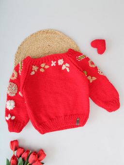 Woonie - Handknitted Floral Embroidered Kids Sweater
