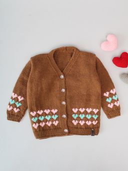 Woonie - Brown Handknitted Multi Heart Kids Cardigan