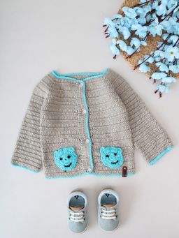 Woonie - Grey Hand Crochet Teddy Applique Infants Cardigan
