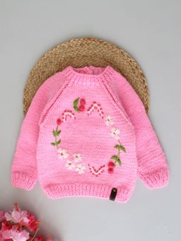 Woonie - Pink Handknitted Embroidered Kids Sweater