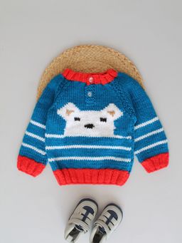 Woonie - Blue Handknitted Teddy Bear Raglan Sleeves Sweater
