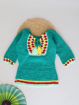 Woonie - Green Handmade Crochet Draw String Neckline Sweater