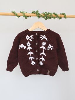 Woonie - Brown Handknitted Floral Embroidered Kids Cardigan