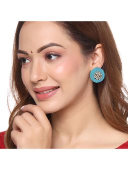 Yellow Chimes - Kundan Studded Floral Design Fabric Circular stud earrings