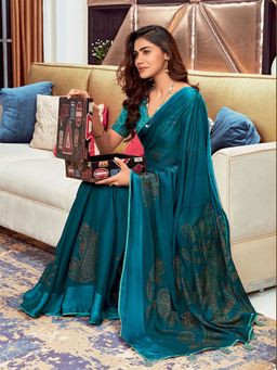 Odette - Womens Silk Blend Teal blue Embellished Saree with Unstitched Blouse