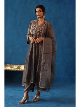 Begum Pret - Grey Jaljeera Anarkali Kurta & Pant with Dupatta (Set of 3)