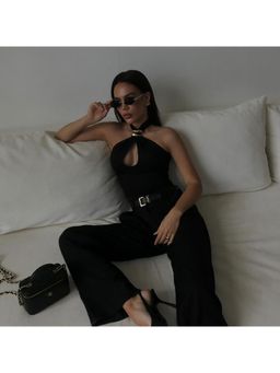 Miakee - Women Black Pansy Solid Halter Neck Top