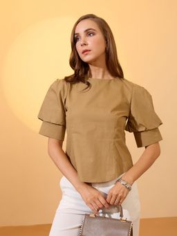 Globus - Women Khaki Solid Round Neck Back Button Top