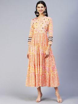 FASHOR - Abstract Printed Resham Embroidered Tiered Maxi Dress Orange