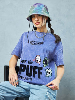 Bewakoof - Official Cartoon Network Merchandise Women Blue Printed Oversized Acid Wash T-Shirt