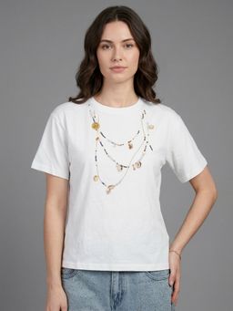 Odette - White Cotton Rib Printed Top
