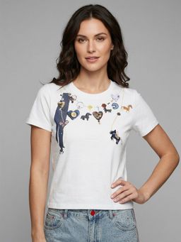 Odette - White Cotton Rib Printed Top