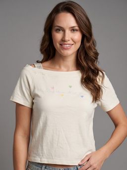 Odette - Off White Cotton Rib Printed Top