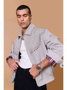 S&N by Shantnu Nikhil - Grey Striped Printed Bomber