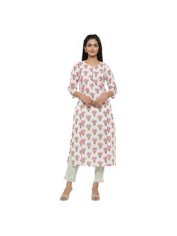 Maaesa - Women Printed Cotton White Kurta