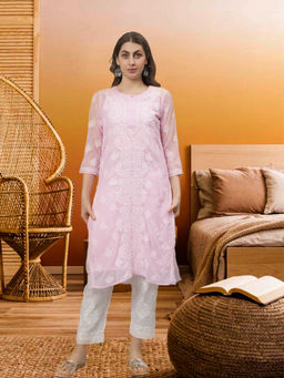 Seva Chikan - Hand Embroidered Pink Georgette Lucknowi Chikankari Kurta with Inner (Set of 2)