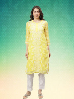 Seva Chikan - Hand Embroidered Yellow Georgette Lucknowi Chikankari Kurta with Inner (Set of 2)