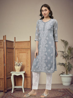 Seva Chikan - Hand Embroidered Grey Georgette Lucknowi Chikankari Kurta with Inner (Set of 2)