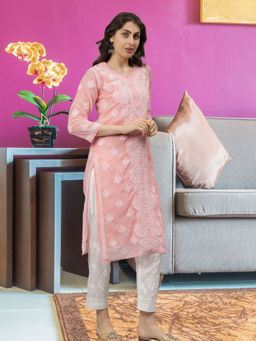 Seva Chikan - Hand Embroidered Peach Georgette Lucknowi Chikankari Kurta with Inner (Set of 2)