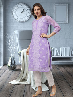 Seva Chikan - Hand Embroidered Mauve Georgette Lucknowi Chikankari Kurta with Inner (Set of 2)