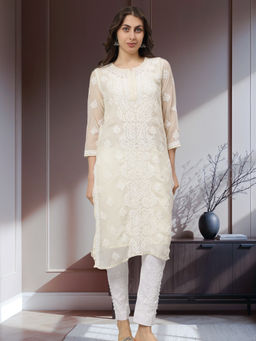Seva Chikan - Hand Embroidered Cream Georgette Lucknowi Chikankari Kurta with Inner (Set of 2)