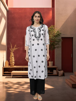 Seva Chikan - Hand Embroidered White Cotton Lucknowi Chikankari Kurta