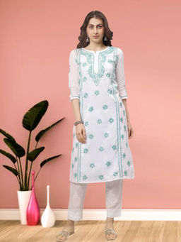 Seva Chikan - Hand Embroidered White Cotton Lucknowi Chikankari Kurta