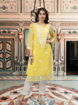 Seva Chikan - Hand Embroidered Yellow Georgette Lucknowi Chikankari Kurta with Inner (Set of 2)