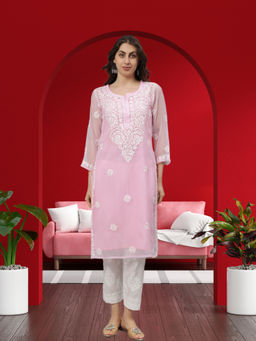 Seva Chikan - Hand Embroidered Pink Georgette Lucknowi Chikankari Kurta with Inner (Set of 2)