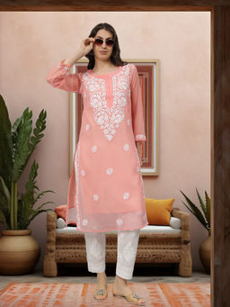 Seva Chikan - Hand Embroidered Peach Georgette Lucknowi Chikankari Kurta with Inner (Set of 2)