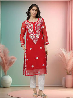 Seva Chikan - Hand Embroidered Red Georgette Lucknowi Chikankari Kurta with Inner (Set of 2)