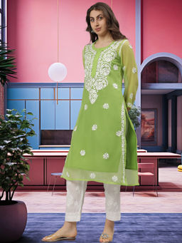 Seva Chikan - Hand Embroidered Green Georgette Lucknowi Chikankari Kurta with Inner (Set of 2)